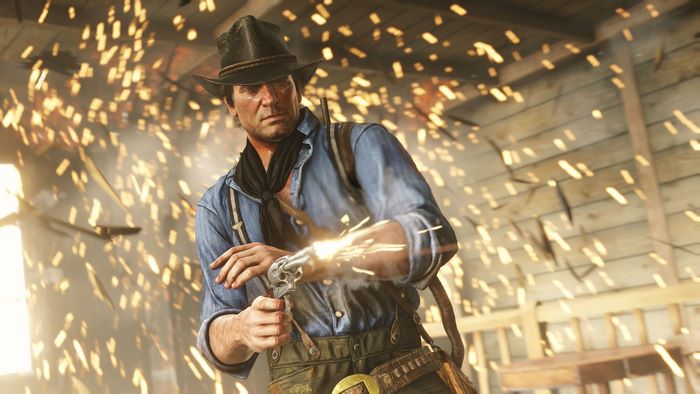 Arthur Morgan from Red Dead Redemption 2 firing a gun