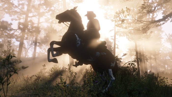 Arthur Morgan on a horse in a forest