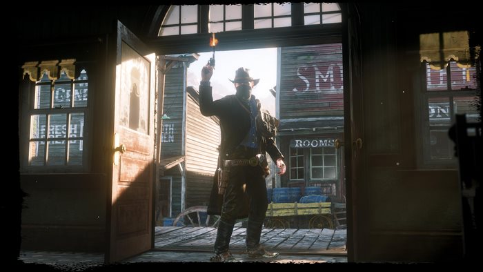 Arthur Morgan firing a gun in a western town
