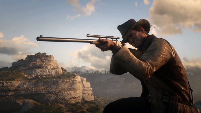Arthur Morgan aiming a rifle in Red Dead Redemption 2
