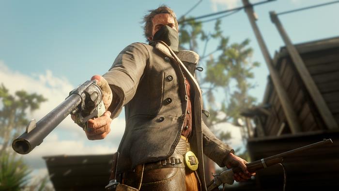 Arthur Morgan with a revolver and rifle