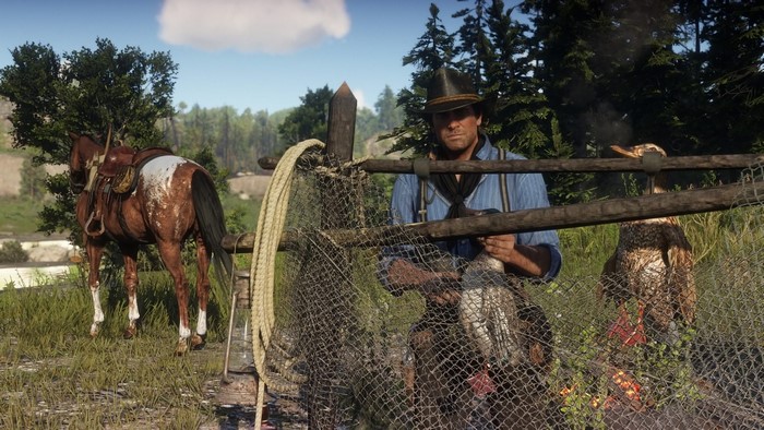 Arthur Morgan from Red Dead Redemption 2 with a horse and game