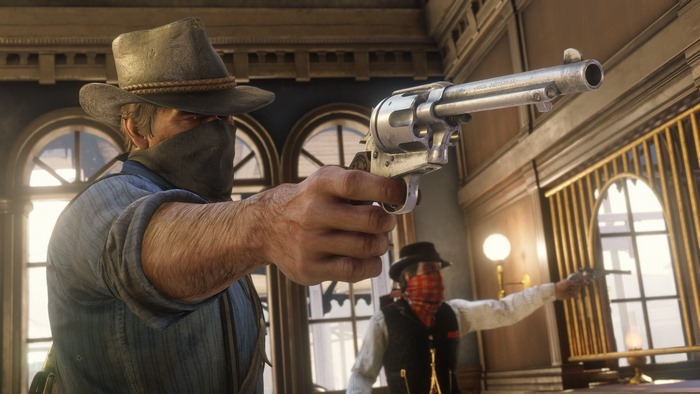 Arthur Morgan from Red Dead Redemption 2 holding a gun