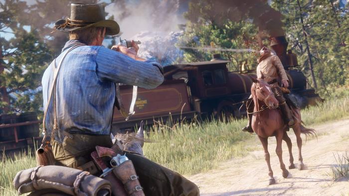 Arthur Morgan shooting from horseback near a train