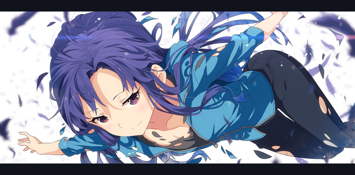 Chihaya Kisaragi falling with feathers