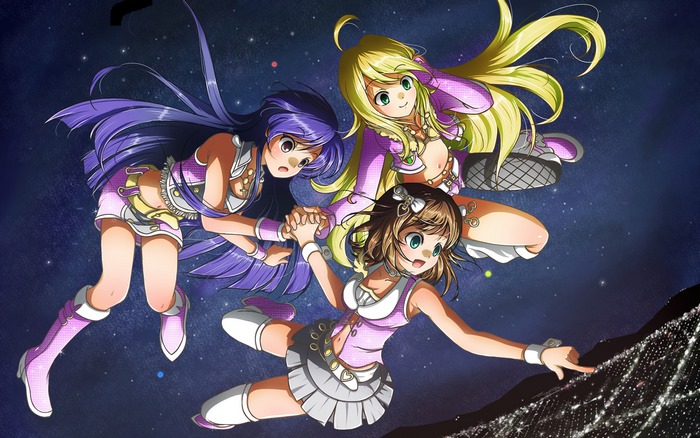 Chihaya Kisaragi and two other girls in space