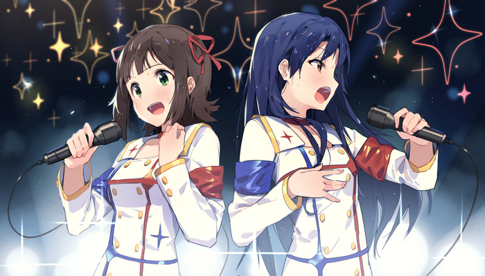 Chihaya Kisaragi and another idol singing on stage