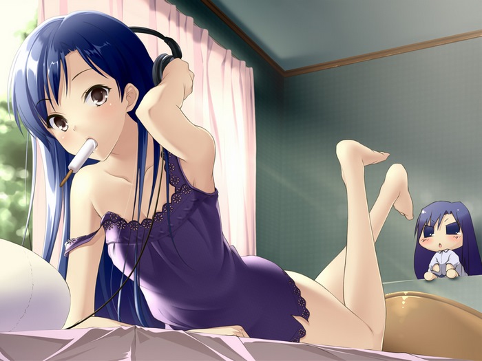 Chihaya Kisaragi eating popsicle on bed