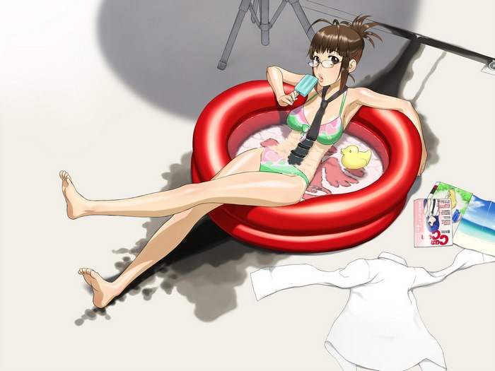 Chihaya Kisaragi in a bikini eating ice cream