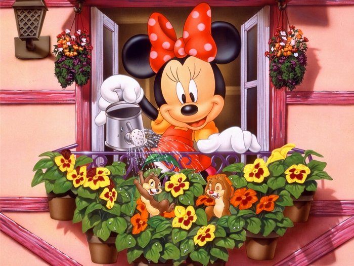 Minnie Mouse watering flowers with Chip and Dale