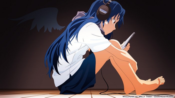 Chihaya Kisaragi with headphones and phone