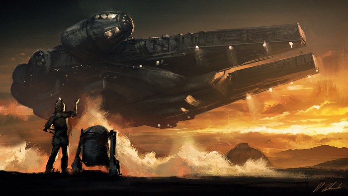 Millennium Falcon landing with R2-D2 and a person