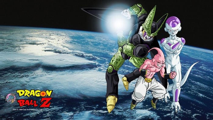 Cell, Majin Buu, and Frieza from Dragon Ball Z in space
