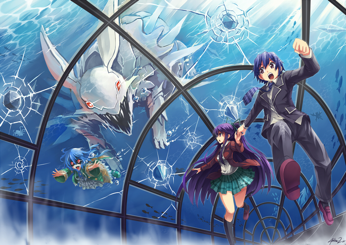 Tohka Yatogami and others in a cracked underwater glass structure