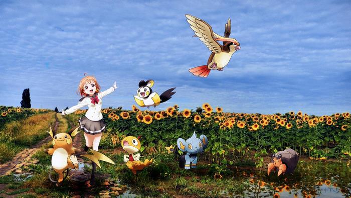 Chika Takami with Pokémon in Sunflower Field