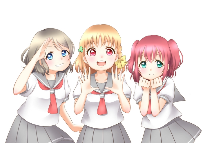 Three anime girls in school uniforms