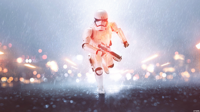 Finn from Star Wars running in the rain