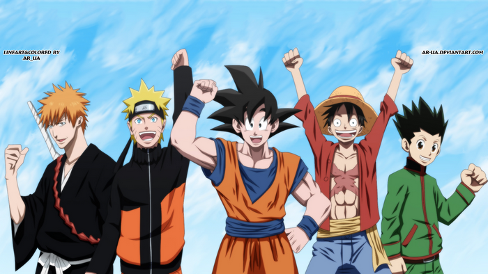 Ichigo, Naruto, Goku, Luffy, and Gon from Anime