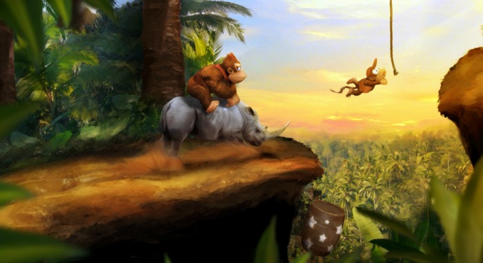 Donkey Kong on a Rhino with Diddy Kong swinging