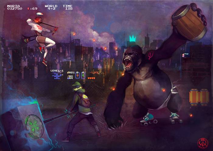 Maria and Donkey Kong in a retro-style city battle