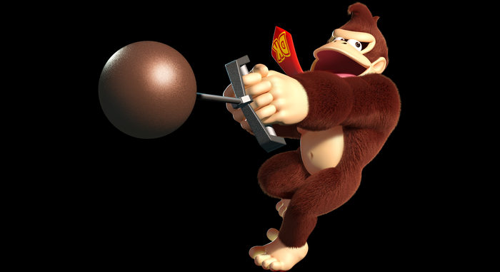 Donkey Kong holding a cannonball launcher