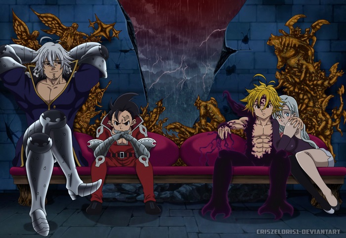 The Seven Deadly Sins characters on a throne
