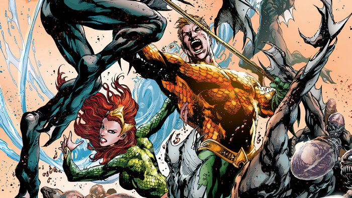 Aquaman and Mera fighting sea monsters