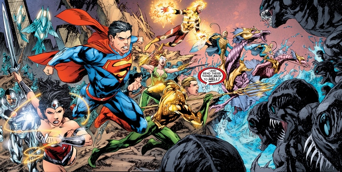 Justice League fighting monsters