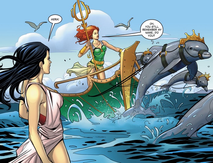 Mera and Wonder Woman on a boat pulled by dolphins
