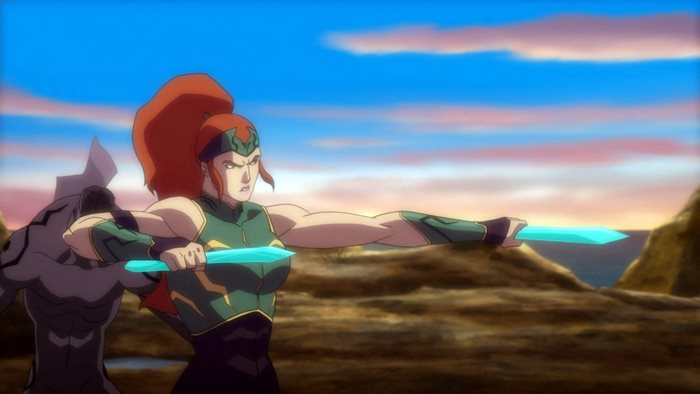 Mera from DC Comics fighting a creature