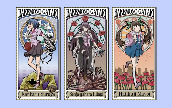 Bakemonogatari: Kanbaru Suruga, Senjougahara Hitagi, and Hachikuji Mayoi