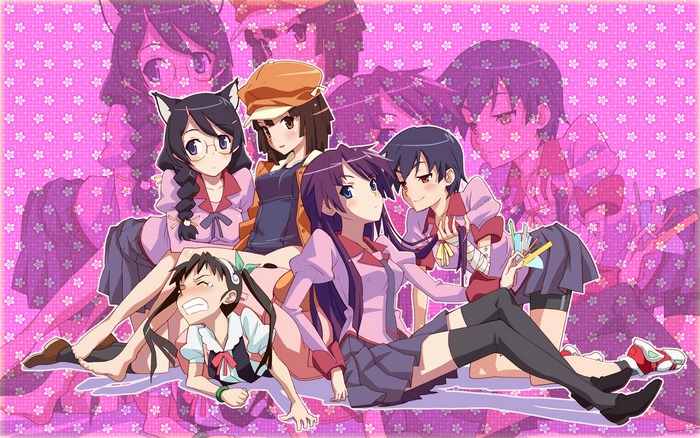 Monogatari Series characters on pink floral background