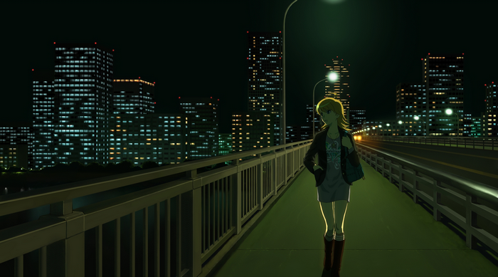 Miki Hoshii walking on a bridge at night