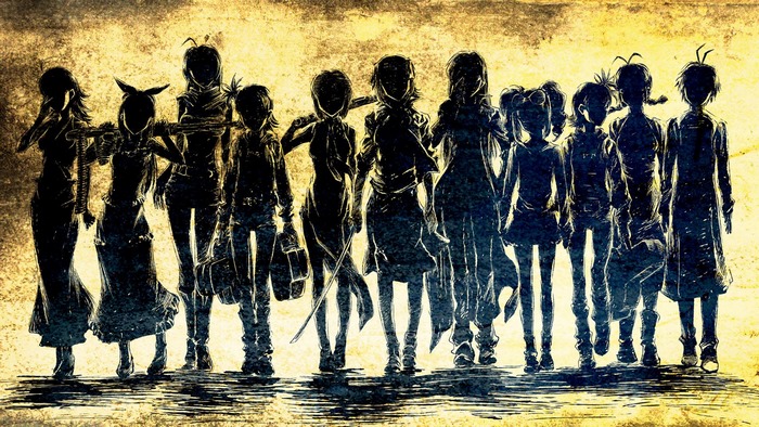 Group of silhouetted characters with Miki Hoshii tag