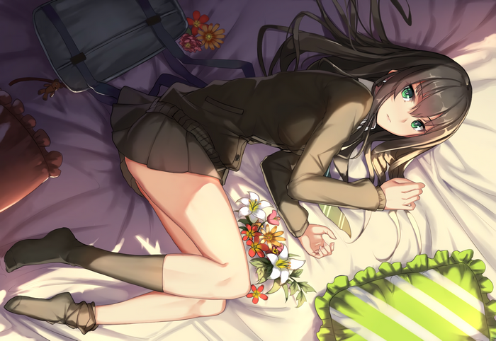 Rin Shibuya Lying on Bed with Flowers and Bag