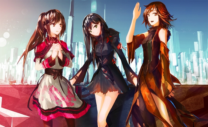 Three anime girls in futuristic city