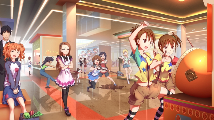 Girls playing taiko drums in a mall