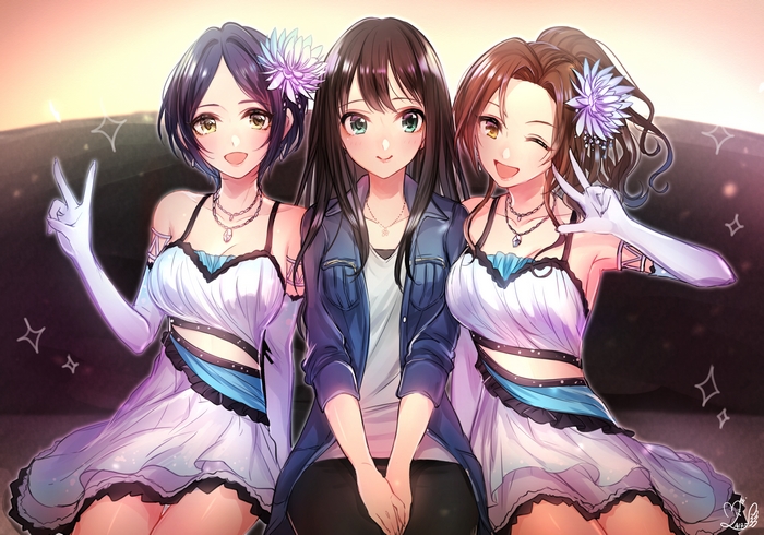 Three anime girls posing for a photo