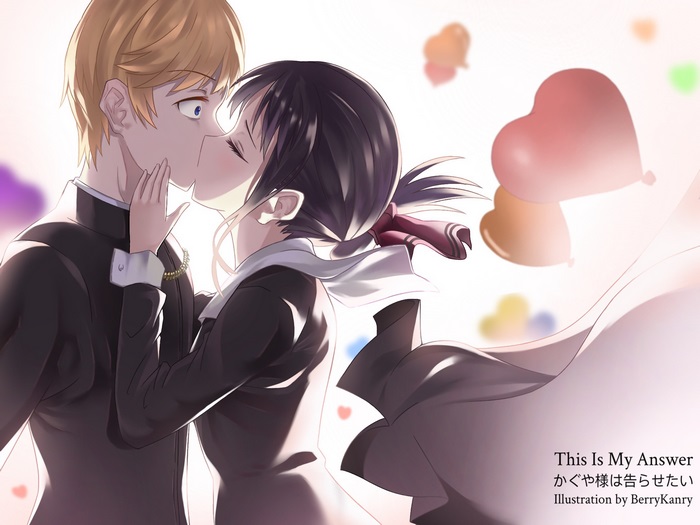 Kaguya Shinomiya kissing Miyuki Shirogane