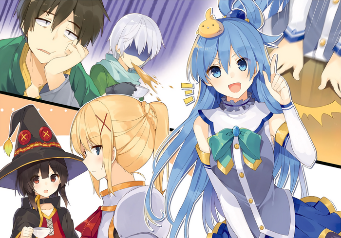 Konosuba characters: Kazuma, Aqua, Darkness, Megumin, and a sick character