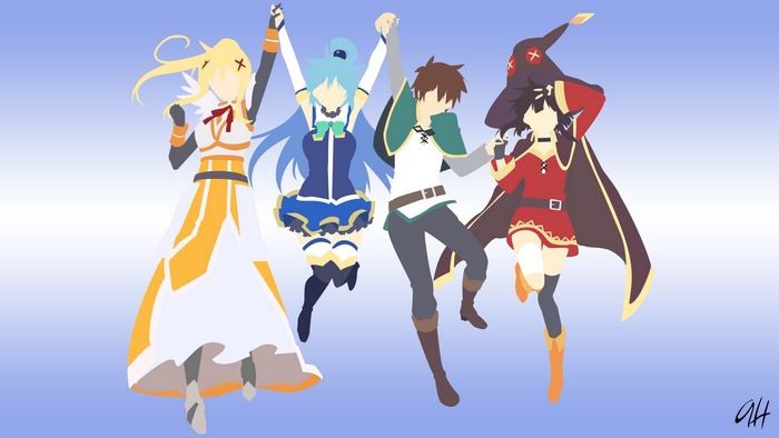 Aqua, Darkness, Kazuma, and Megumin from Konosuba