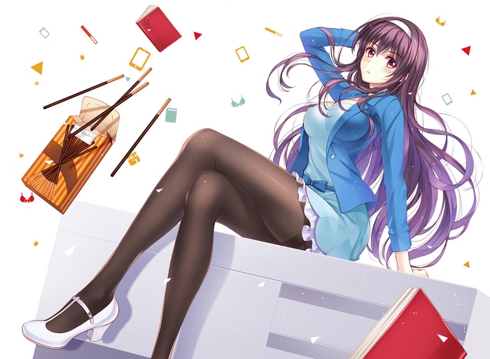 Utaha Kasumigaoka sitting with Pocky and books