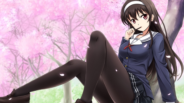 Utaha Kasumigaoka sitting under cherry blossoms