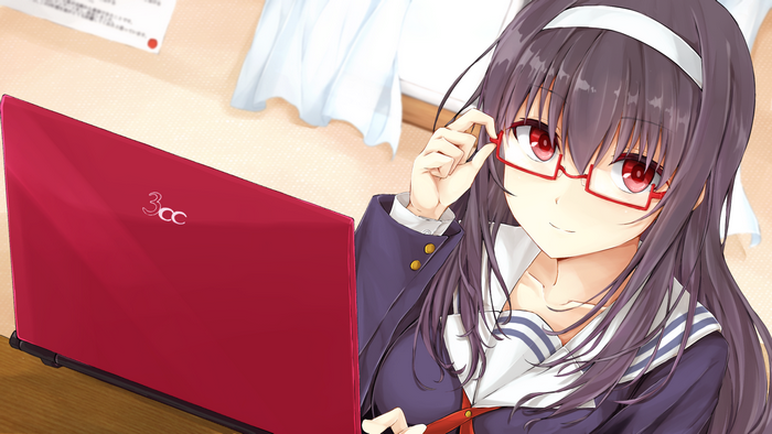 Utaha Kasumigaoka with a laptop