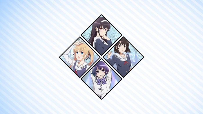 Four anime girls in school uniforms arranged in a diamond