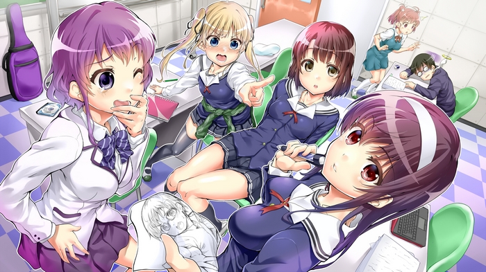 Utaha Kasumigaoka and friends in a classroom