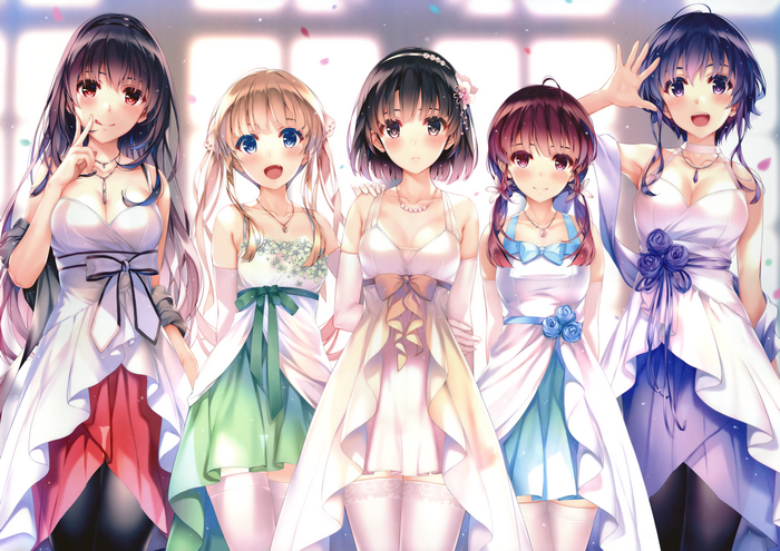 Five girls in formal dresses