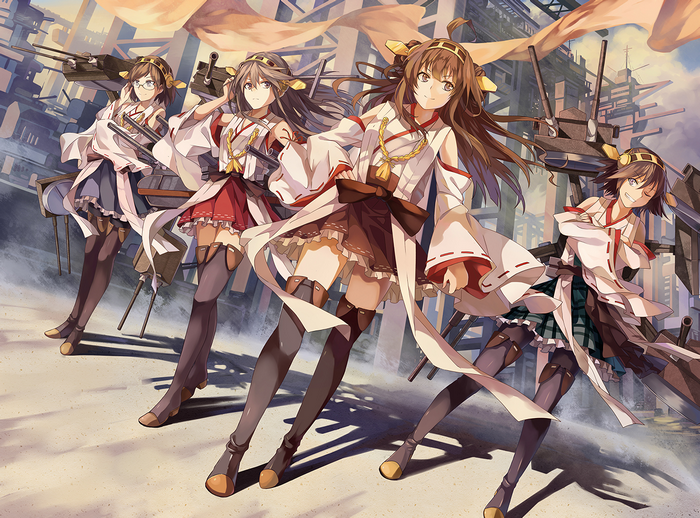 Four girls from Kantai Collection with ship parts