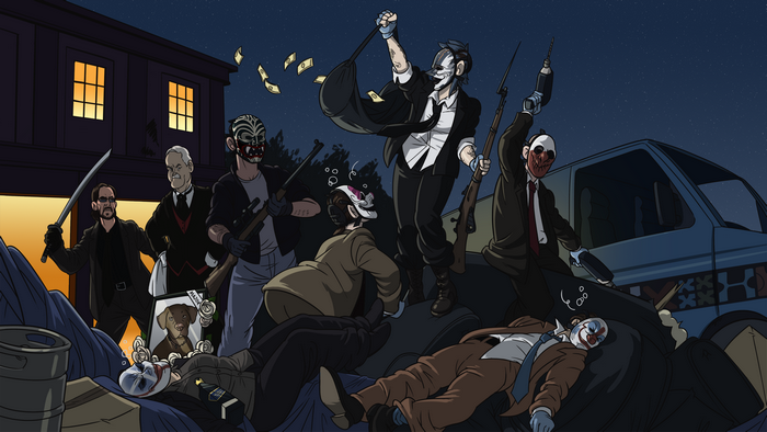 John Wick and Payday gang with money and dead bodies