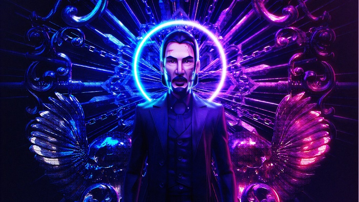 John Wick with Neon Halo and Ornate Background